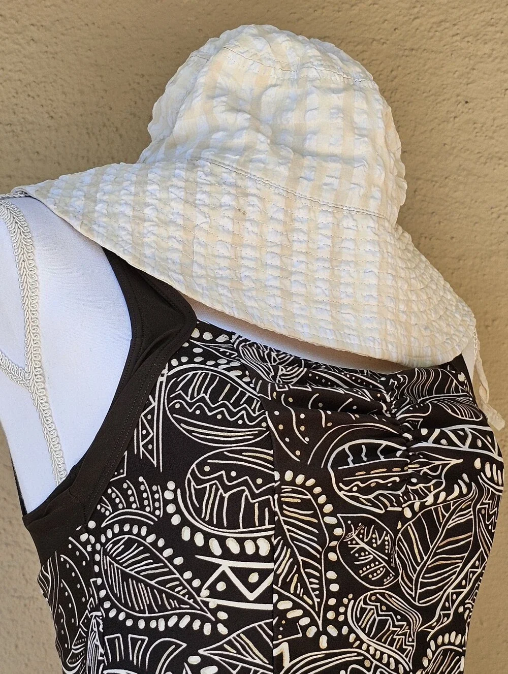 Divided Cream & Tan Gingham Print Cotton Bucket Hat